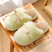 外穿可爱蝴蝶结室内家居软底防滑保暖毛绒拖鞋 家用棉拖鞋 女士冬季