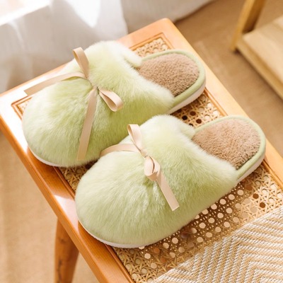 可爱蝴蝶结保暖毛绒棉拖鞋