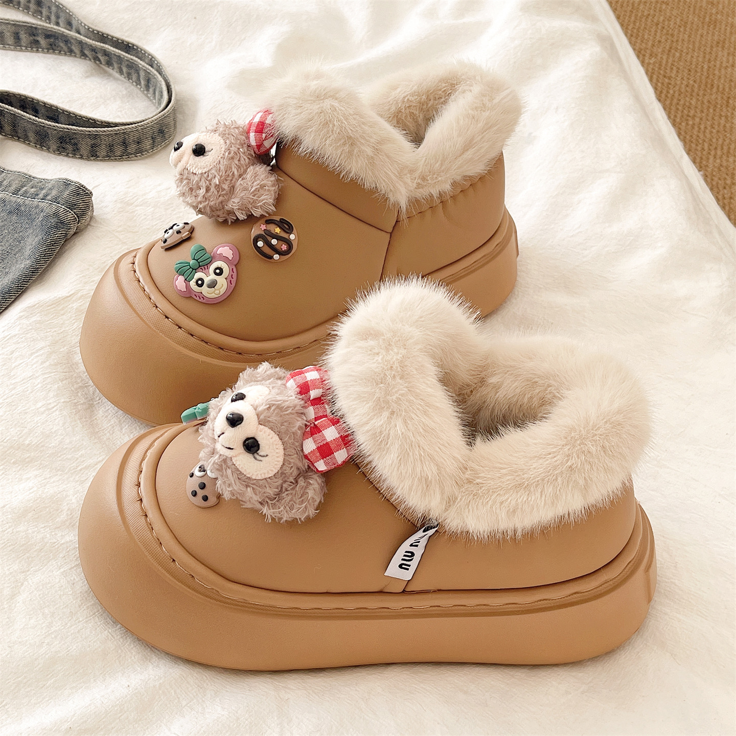 俏绘可爱小熊厚底防水包跟棉鞋