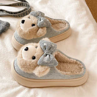 外穿厚底防滑加绒保暖居家棉拖鞋 可爱牛仔蝴蝶结小熊毛毛鞋 女冬季
