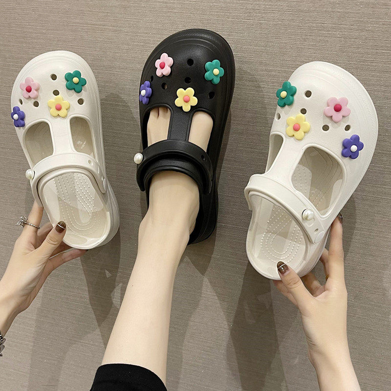 可爱花朵洞洞鞋女夏季时尚外穿厚底防滑包头半拖鞋两穿沙滩凉拖鞋