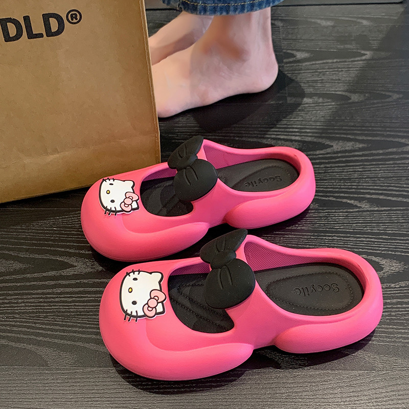 包头凉拖鞋女夏季2025新款可爱蝴蝶结猫咪厚底防滑沙滩外穿洞洞鞋