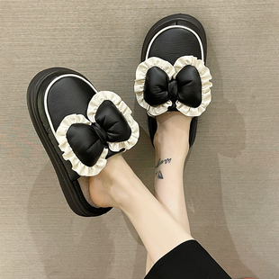 蝴蝶结棉拖鞋女士冬季PU皮防水室内居家可爱加绒加厚保暖厚底棉鞋