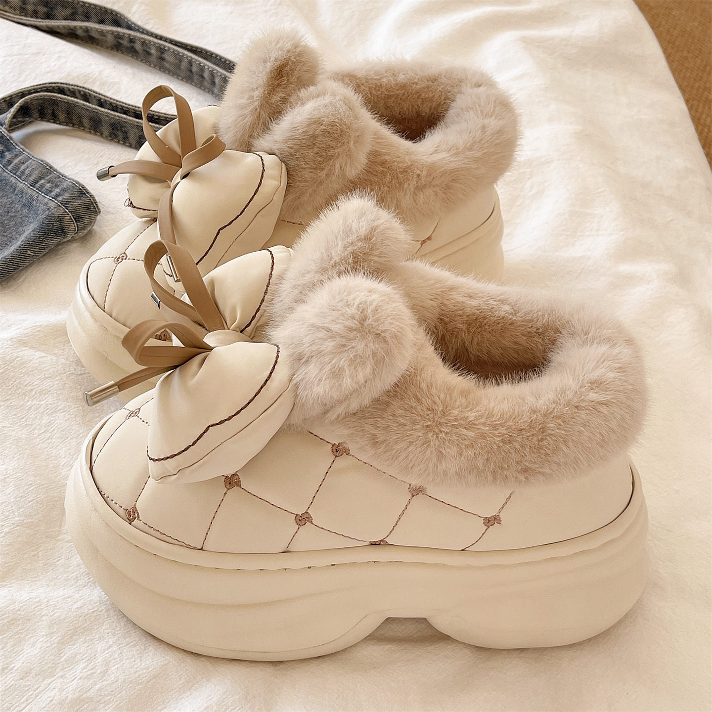 俏绘可爱蝴蝶结兔耳朵包跟棉鞋