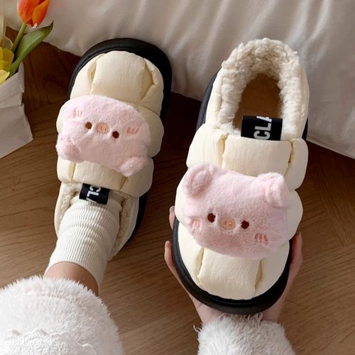 可爱小猪加绒包跟棉拖鞋
