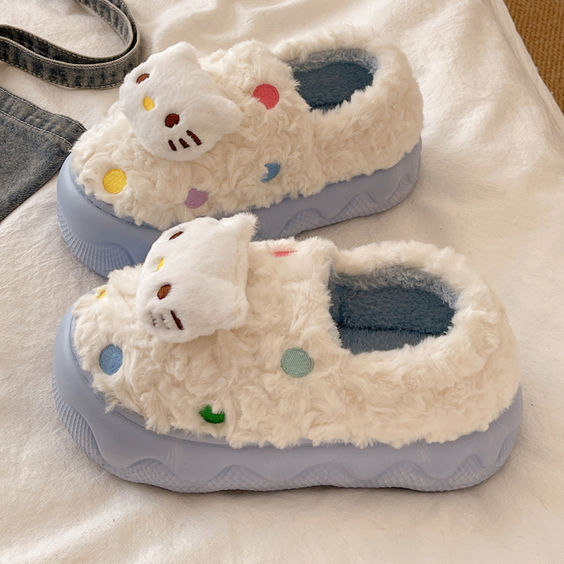 俏绘可爱猫咪波点厚底包跟棉拖鞋