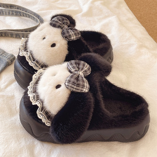 可爱蝴蝶结小狗毛毛鞋女冬季居家室内防滑增高厚底加绒保暖棉拖鞋
