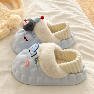 可爱企鹅小鱼棉拖鞋女款冬季加绒保暖可拆卸厚底防滑居家外穿棉鞋