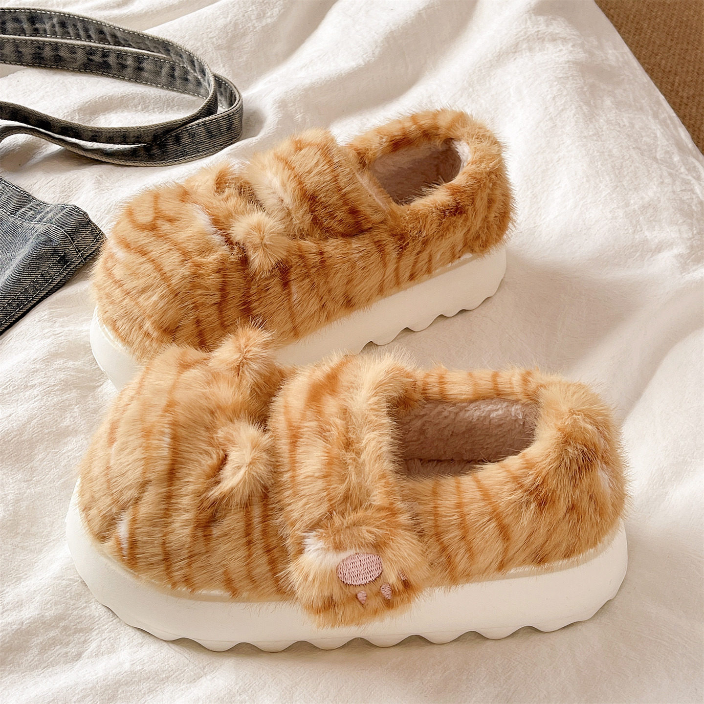 可爱橘猫纹魔术贴棉拖鞋女冬季外穿居家防滑厚底毛绒保暖包跟棉鞋,女鞋,毛毛鞋,淘宝优惠券,粉丝福利购,淘宝优惠卷