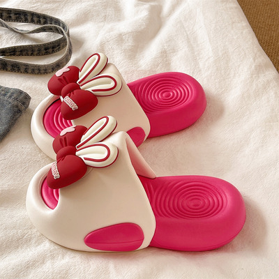 俏绘可爱蝴蝶结兔耳拼色凉拖鞋