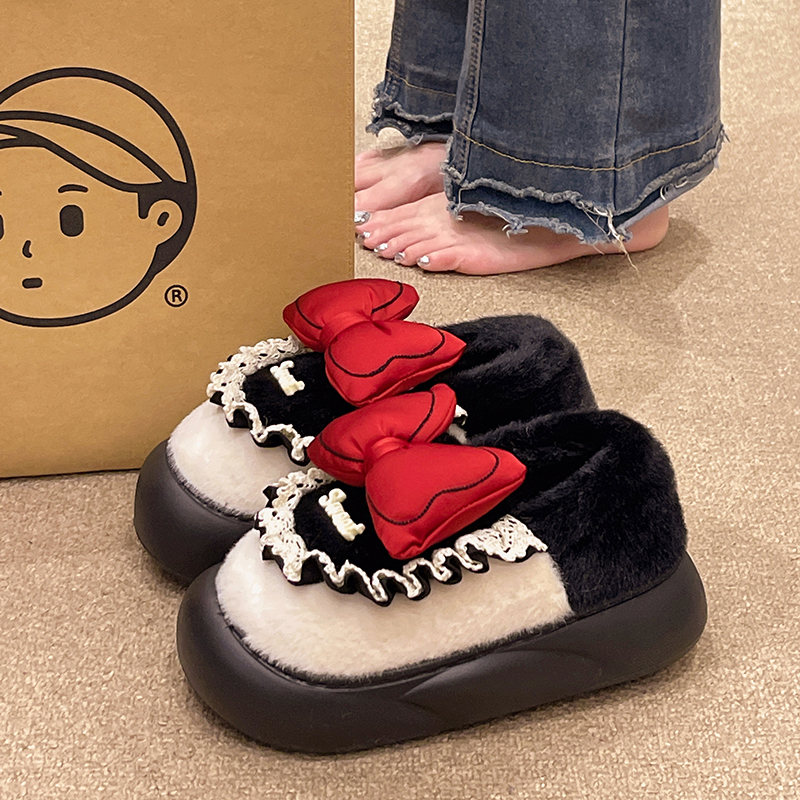 可爱蝴蝶结拼色包跟棉拖鞋