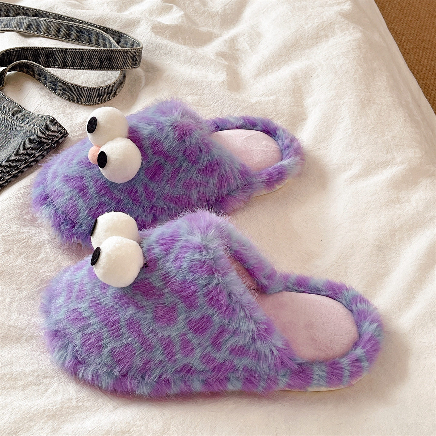 毛毛棉拖鞋女款冬季可爱大眼睛豹纹居家室内加绒保暖防滑包头拖鞋