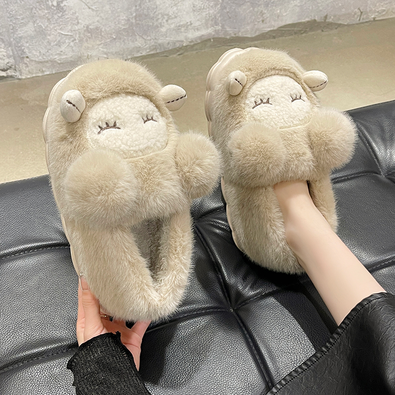 可爱眯眼兔毛绒包跟棉鞋