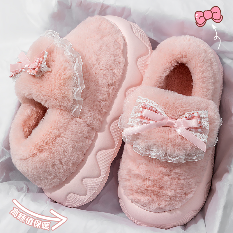 踩屎感厚底包跟蝴蝶结毛毛棉拖鞋
