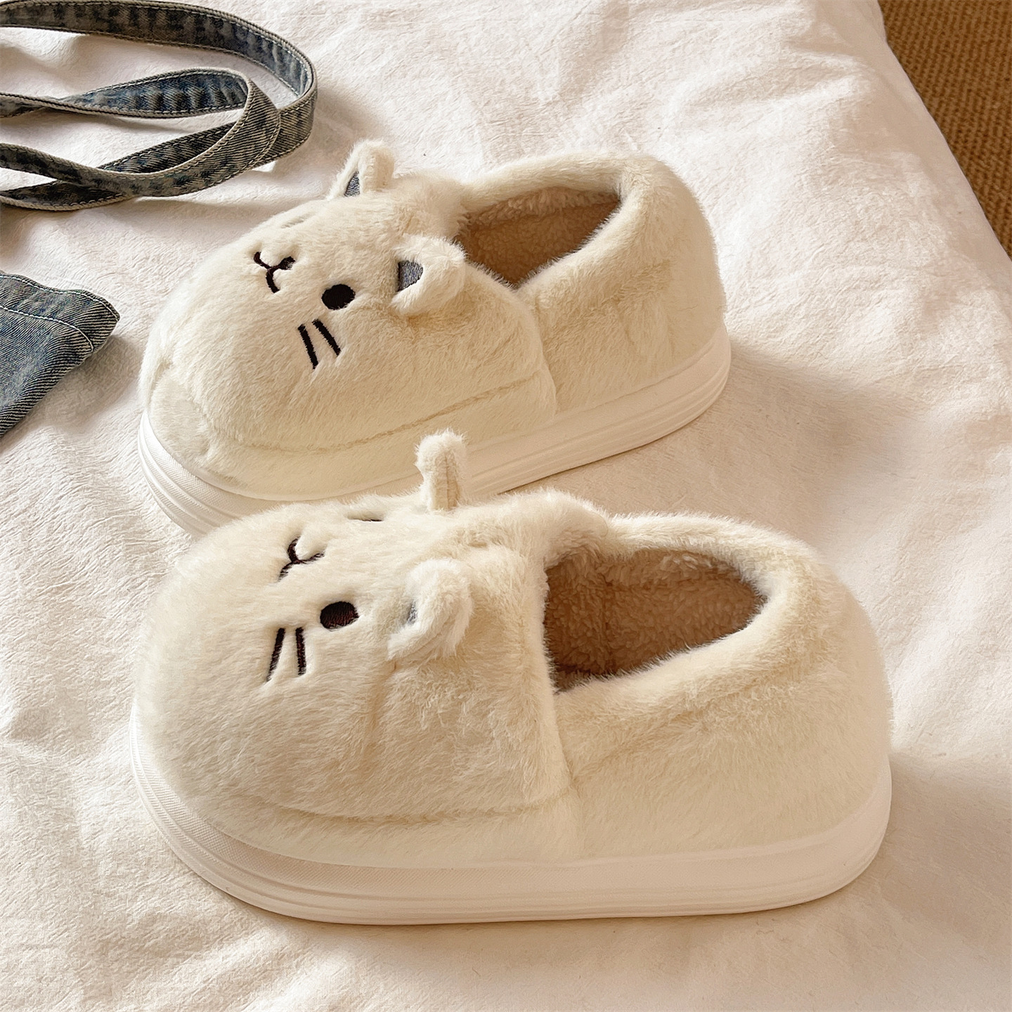 俏绘可爱卡通猫咪加绒包跟棉拖鞋