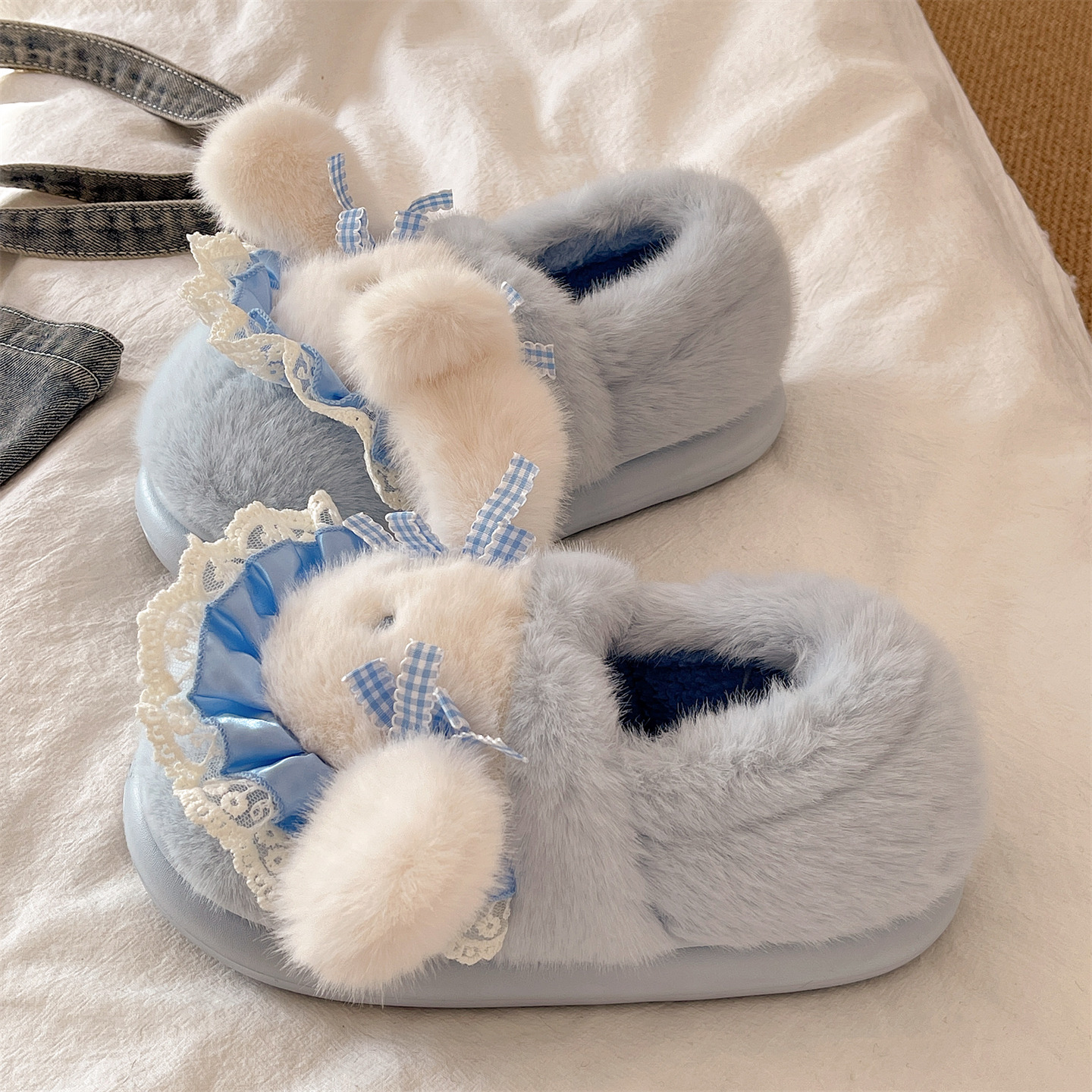 俏绘可爱围裙兔子厚底包跟棉拖鞋