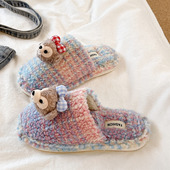 可爱小熊格子拼色包头防滑保暖加绒室内居家棉拖鞋 毛毛拖鞋 女冬季