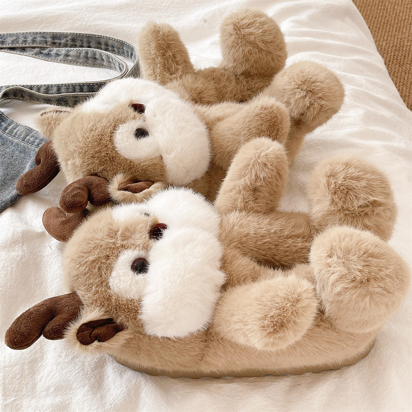 俏绘可爱卡通小鹿厚底包跟棉拖鞋