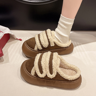 时尚魔术贴棉拖鞋女款冬季厚底防滑室内居家加绒保暖包头毛毛拖鞋
