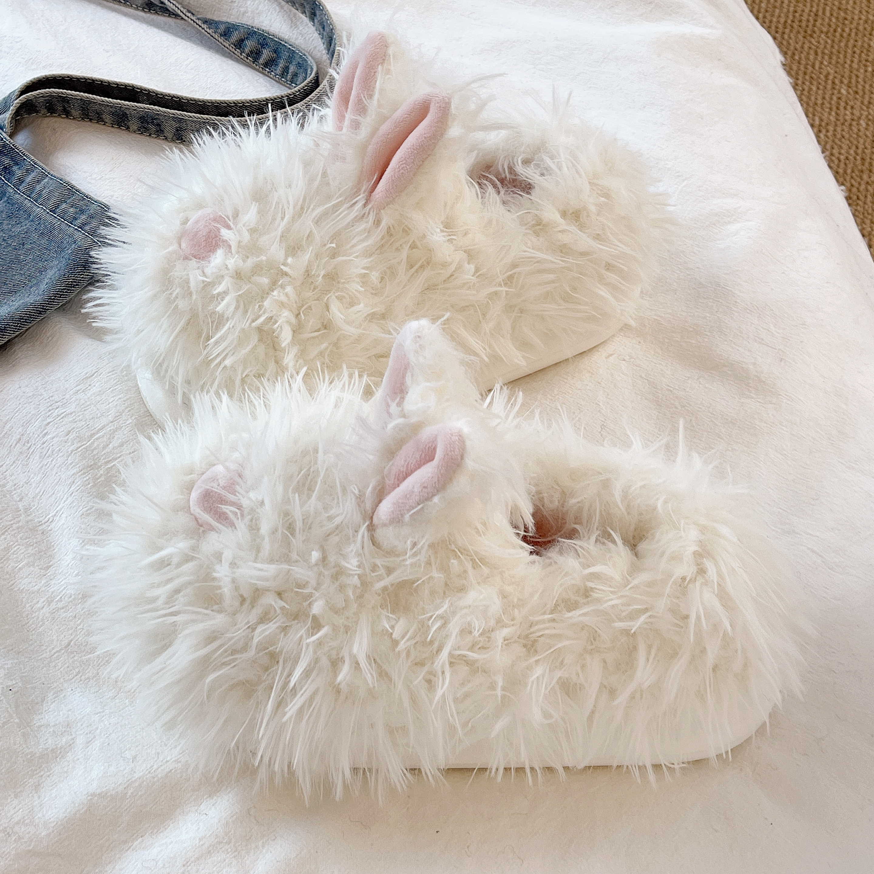 可爱卡通潦草小兔厚底包跟棉拖鞋