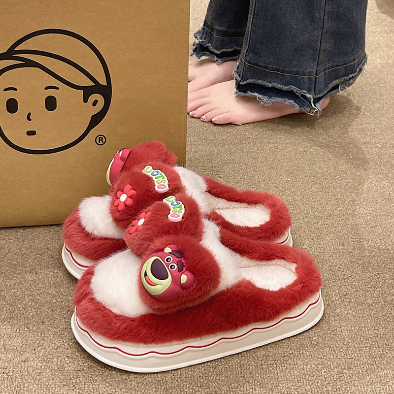可爱红色小熊花朵棉拖鞋