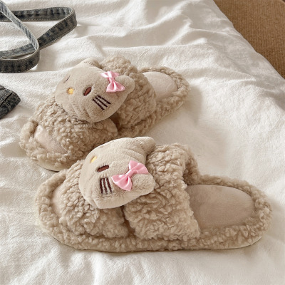俏绘可爱猫咪厚底加绒毛毛拖鞋