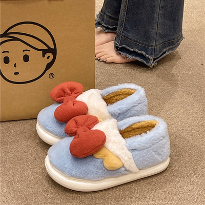 棉拖鞋女士冬季外穿可爱蝴蝶结居家室内毛绒保暖防滑包跟月子棉鞋