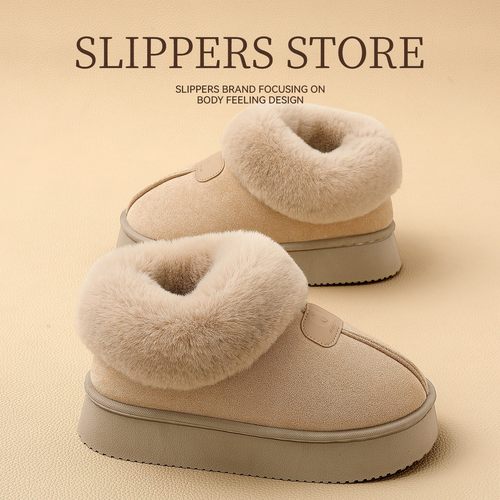 俏绘加绒加厚保暖包跟厚底棉拖鞋