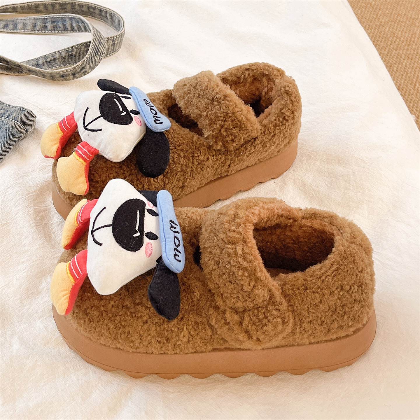 俏绘可爱小狗厚底加绒包跟棉鞋