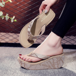 人字拖女外穿夏季 坡跟厚底高跟防滑海边夹脚凉拖 时尚 亮片t沙滩鞋