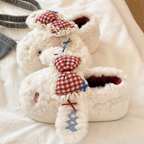 俏绘可爱蝴蝶结小兔包跟棉拖鞋