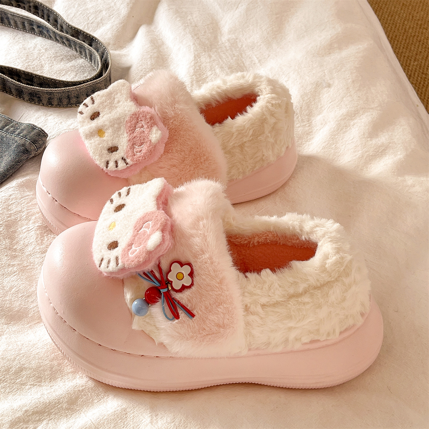 俏绘可爱猫咪厚底保暖包跟棉鞋