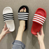 拖鞋 外穿情侣条纹厚底防滑一字拖ins潮浴室软底凉拖鞋 女夏季 时尚