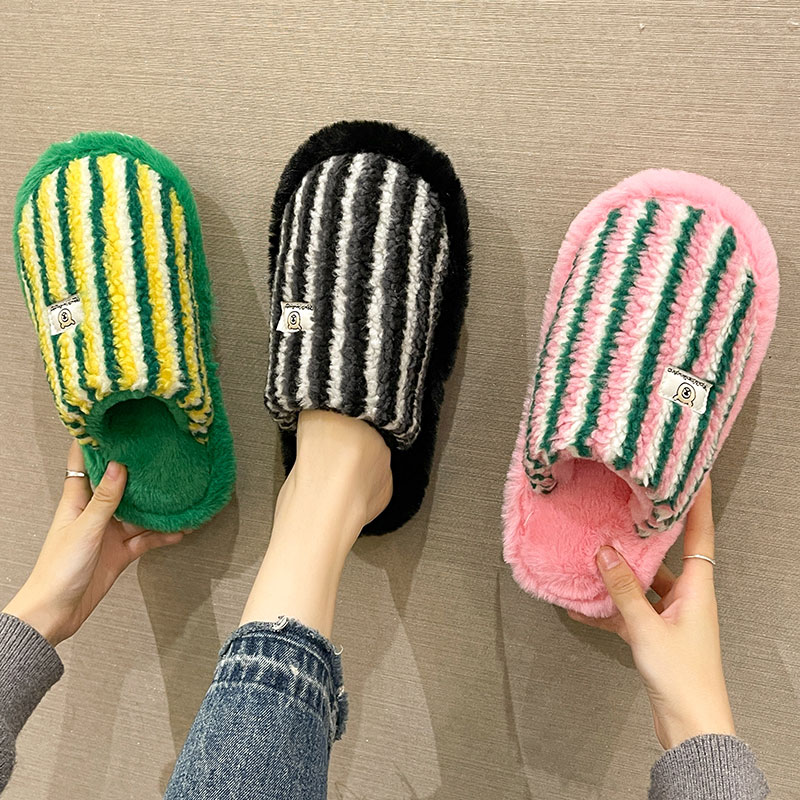 时尚撞色条纹包头棉拖鞋