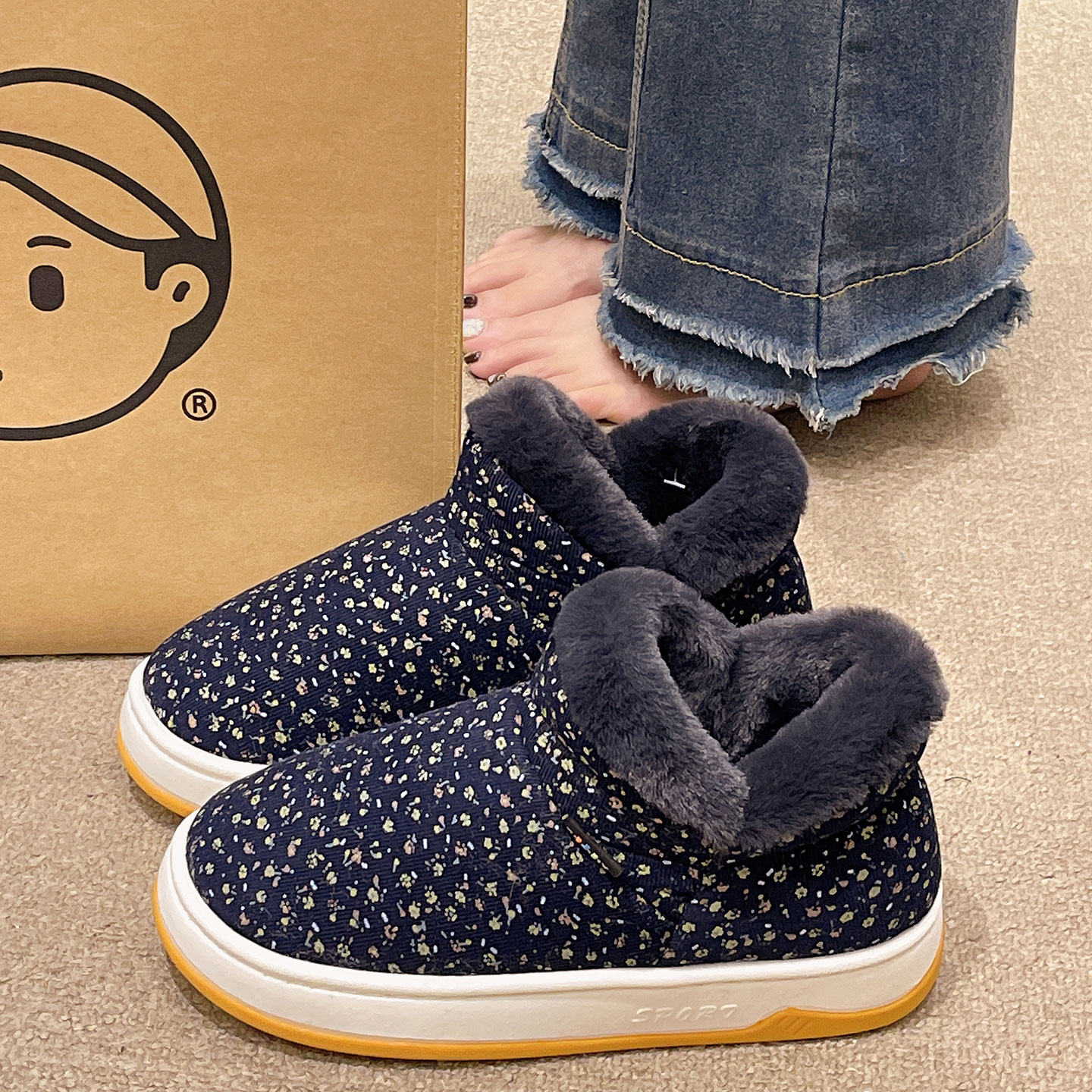 俏绘可爱小碎花高帮加绒包跟棉鞋