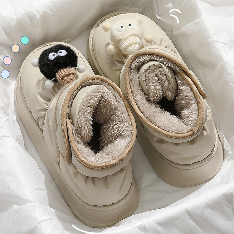 加绒保暖可爱煤球魔术贴棉拖鞋