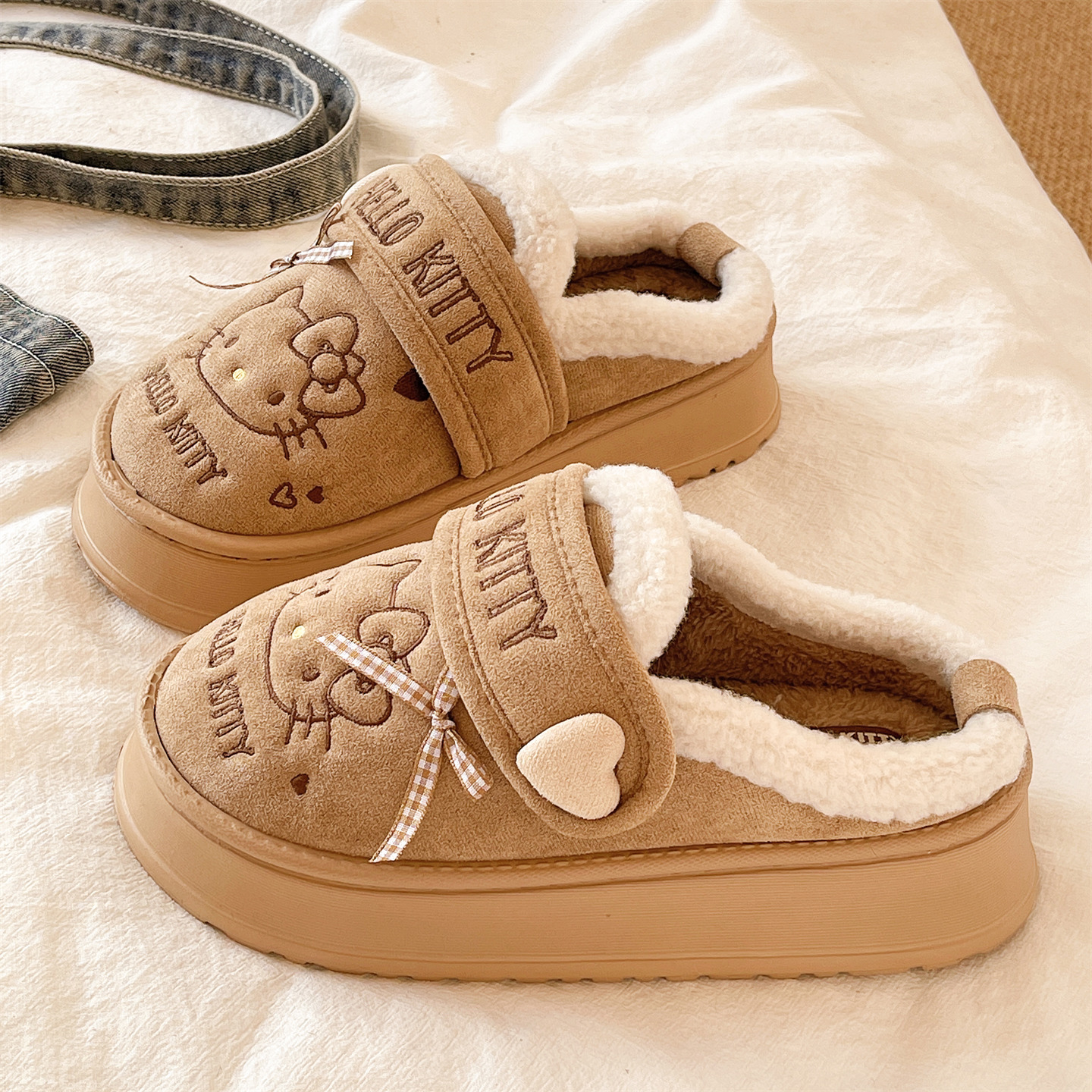 俏绘可爱猫咪魔术贴保暖棉拖鞋