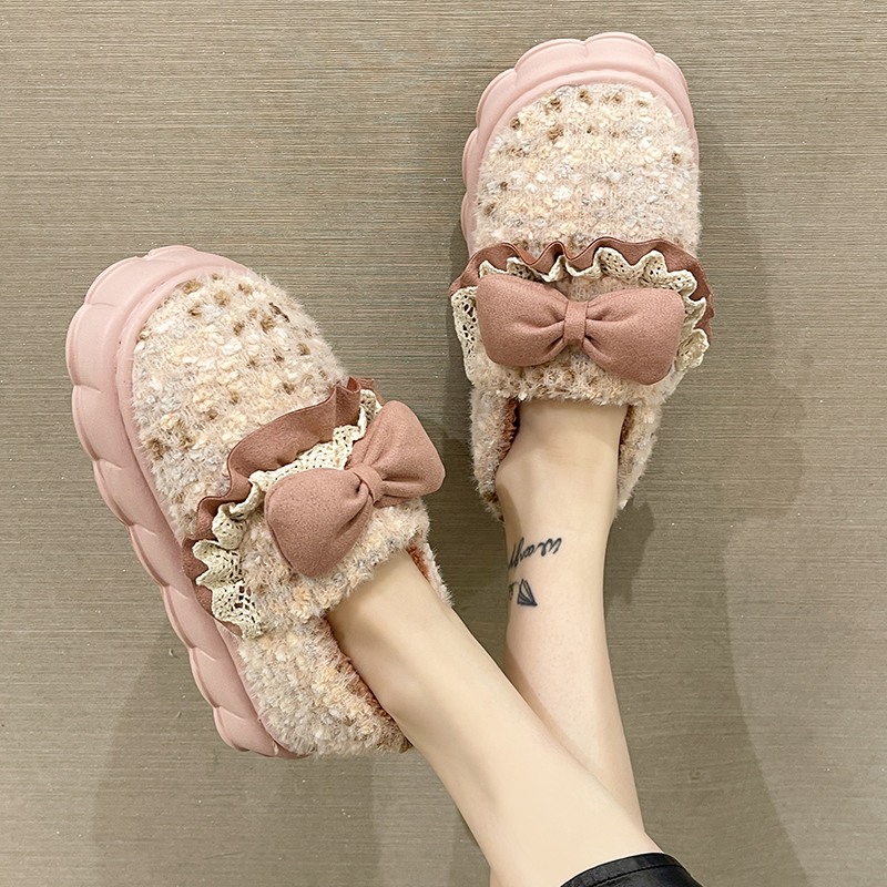 可爱花边蝴蝶结毛绒厚底包跟棉鞋