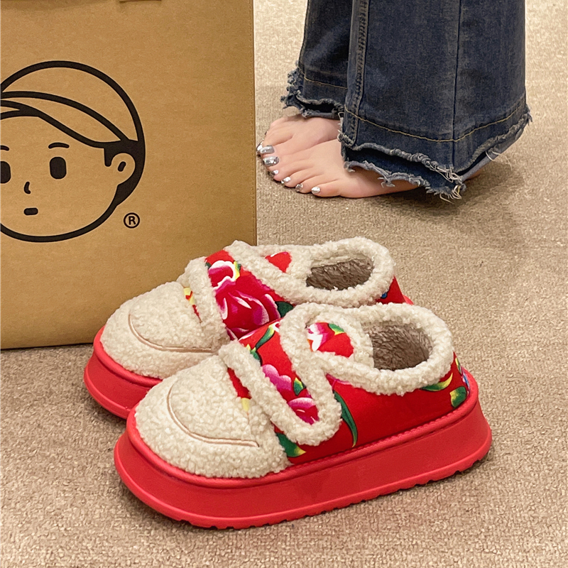 厚底防滑加绒保暖外穿大花棉拖鞋
