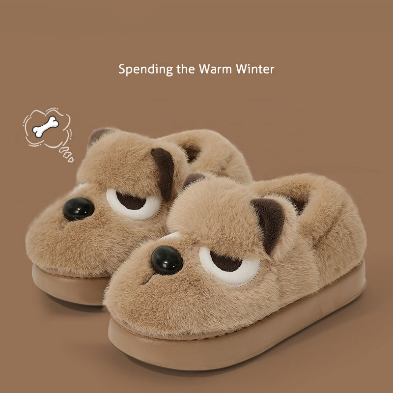 俏绘可爱小狗厚底加绒包跟棉拖鞋
