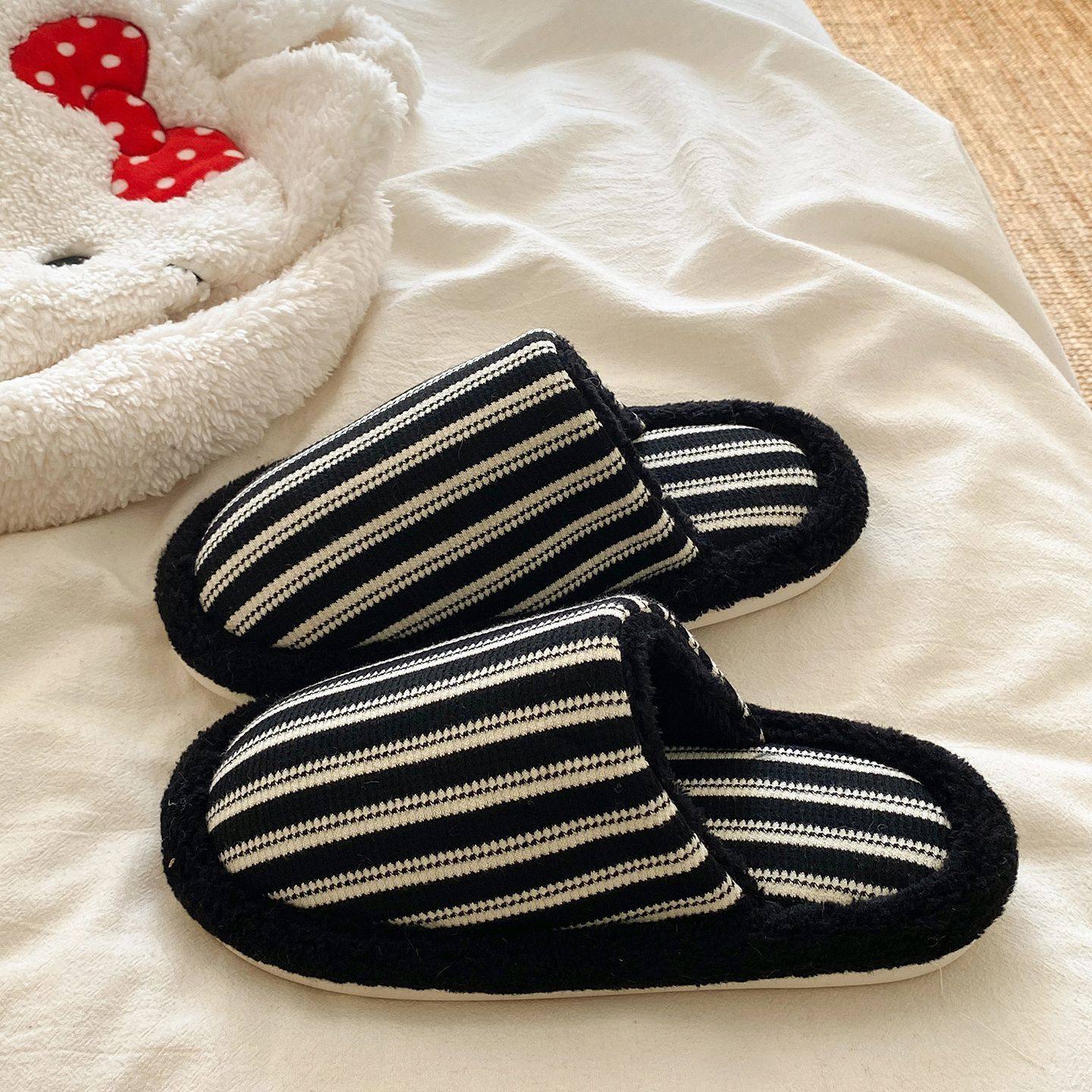 条纹拼色毛毛拖鞋女2025秋冬季新款简约风时尚百搭舒适包头棉拖鞋,女鞋,毛毛鞋,淘宝优惠券,粉丝福利购,淘宝优惠卷