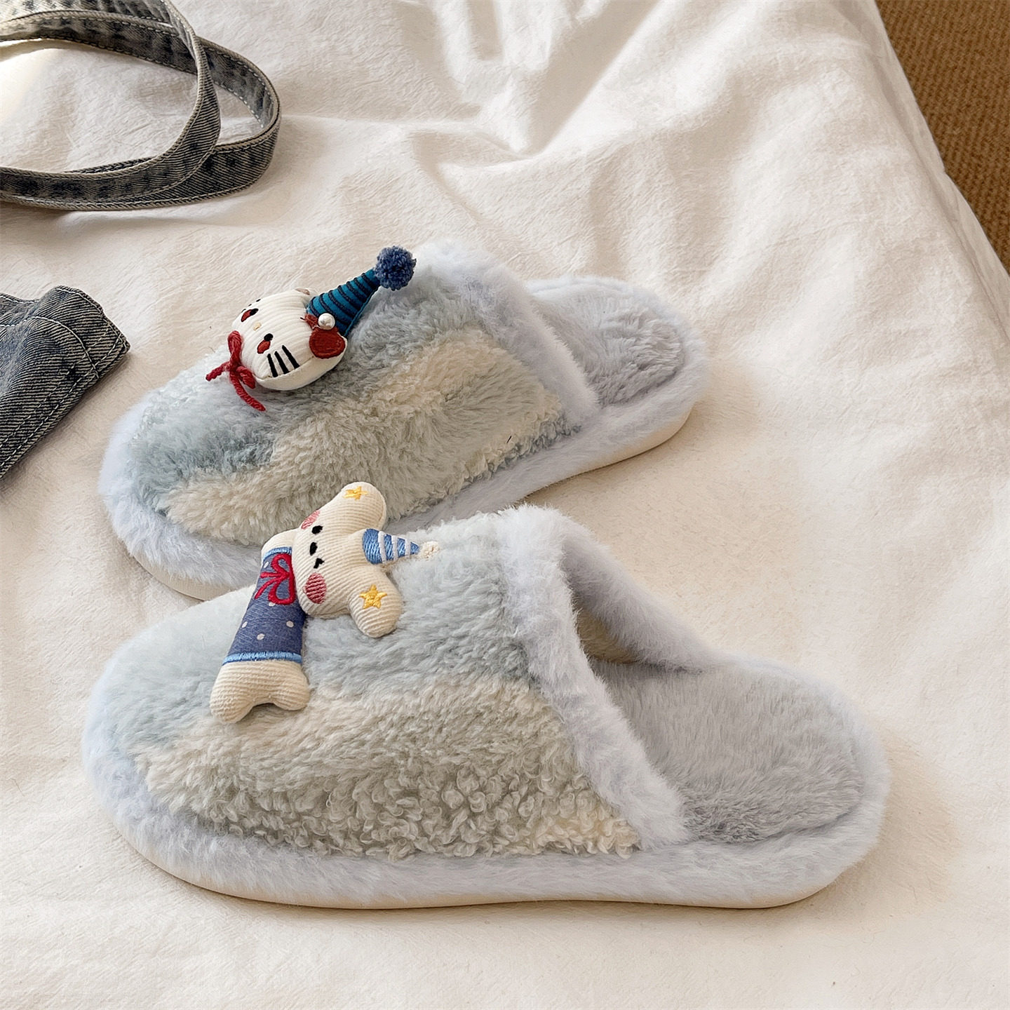 可爱小狗条纹棉拖鞋女冬季家居室内软底防滑加绒保暖包头毛毛拖鞋