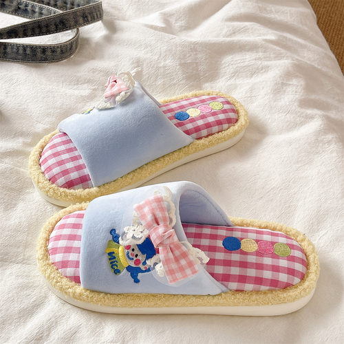 俏绘可爱蝴蝶结女孩软底毛毛拖鞋