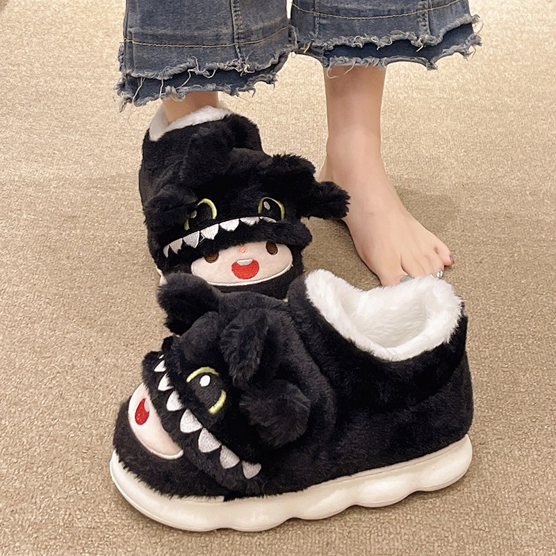 毛毛绒可爱黑龙仔加绒包跟棉鞋