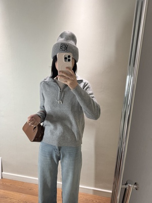 wenlustore半拉链设计小立领宽松百搭套头毛衣长袖针织衫女