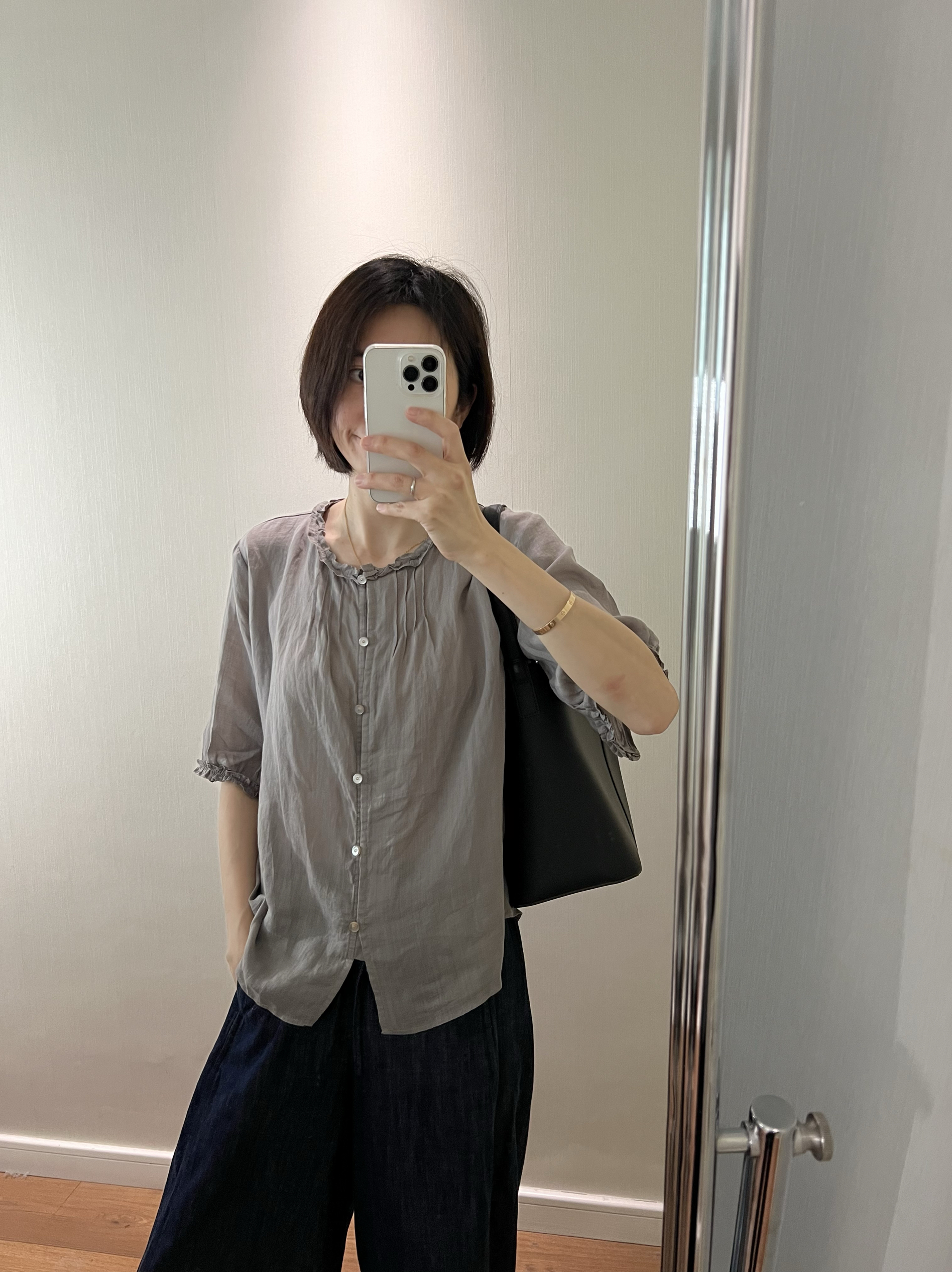 wenlustore夏季新款纯苎麻花边领气质灰短袖衬衫麻料小衫女