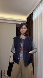 wenlustore秋季新款复古水洗廓形牛仔马甲设计感无袖背心上衣女