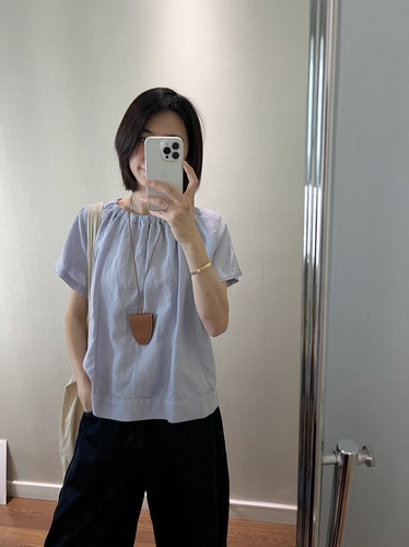 wenlustore天丝亚麻圆领后背纽扣设计宽松日系感短袖衬衫小衫