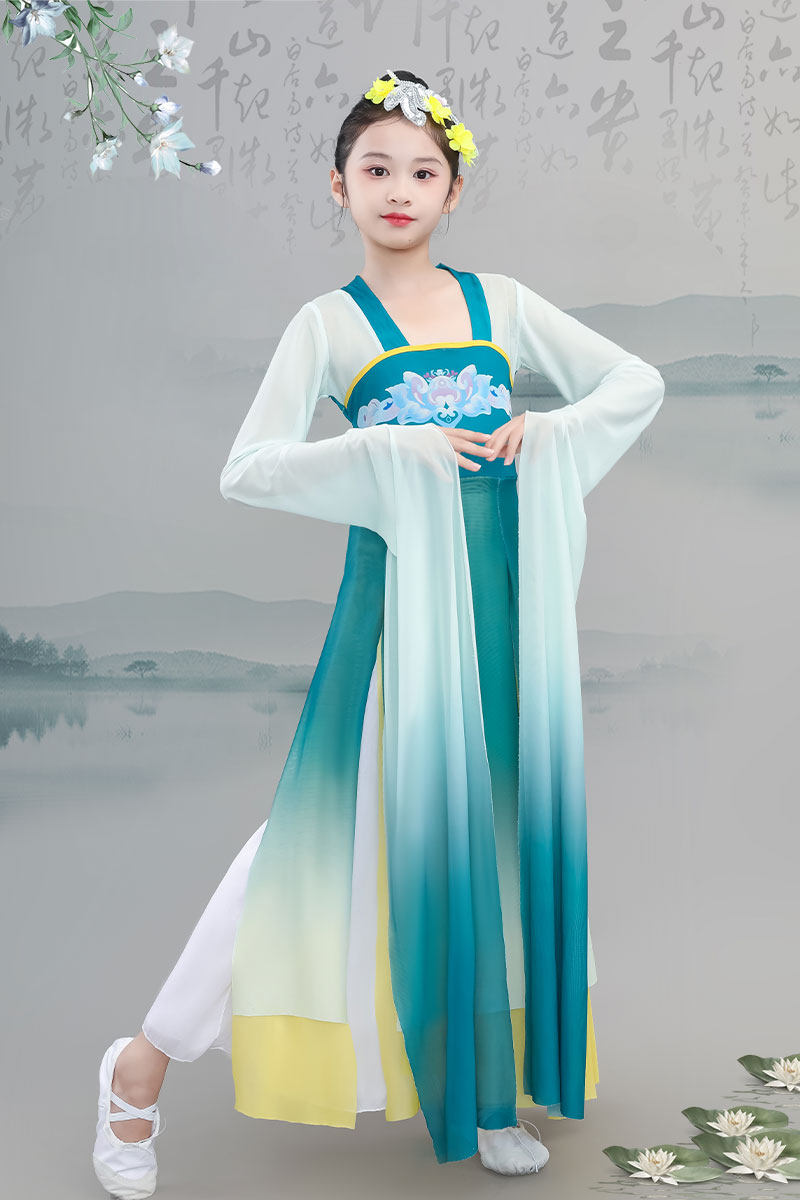 儿童古典水袖演出服惊鸿采薇舞蹈服只此青绿飘逸甩袖练功服中国风
