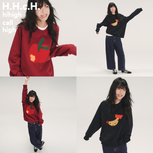 HHCH口海 AW26 苹果香蕉绣花插肩袖圆领宽松套头卫衣